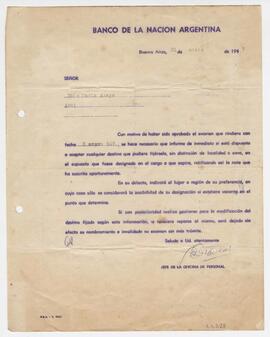 Pedido de indicación de destino de trabajo en Banco de la Nación Argentina 1947