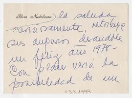 Tarjeta enviada a Adelina por Flora Nudelman. 1977.