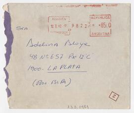 Sobre dirigido a Adelina Alaye. Rte: Lafit. Neuquén. 1982