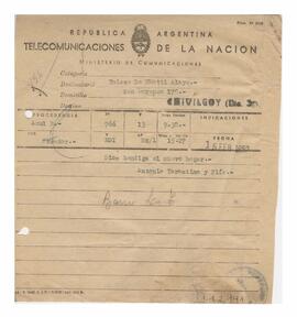 Telegrama recibido por Adelina y Luis María con motivo de su casamiento 1952