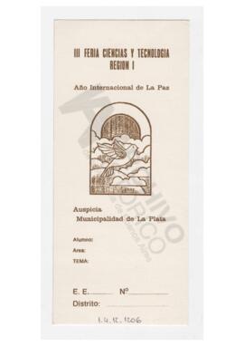 Tarjeta: III Feria Ciencias y Tecnología, Región I, Auspicia Municipalidad de La Plata. Sin compl...