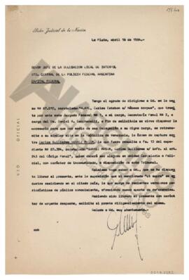 Pedido al Jefe de la Delegación Local de Interpol sobre orden de captura contra Suarez Mason 1984