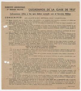 Volante con indicaciones para cumplir  el Servicio Militar 1947