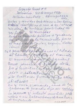 Manuscrito de Adelina con título "Juzgado Penal #5. Declaración: 20 de mayo 1985. Dr. Carlos...