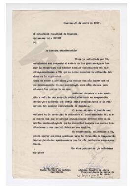 Nota al Intendente Municipal de Brandsen solicitando la reapertura de un comedor para niños. 1967