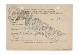 Tarjeta de la secretaría de Estado de Gobierno por entrada del expediente 201295. 1977