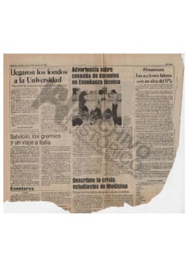 Recorte diario El Día "Llegaron los fondos a la Universidad" "Advertencia sobre ce...