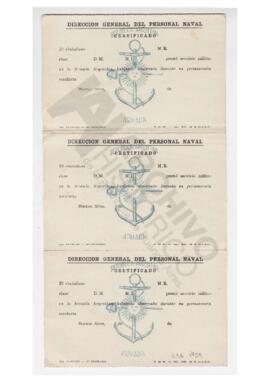 Tres certificados troquelados Dirección General del Personal Naval