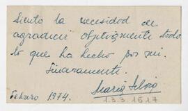 Nota de agradecimiento firmada por María Silvia. 1974
