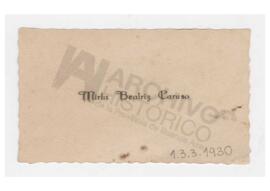 Tarjeta de Mirta Beatriz Caruso con nota