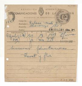 Telegrama recibido por Adelina y Luis María con motivo de su casamiento 1952