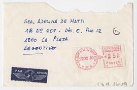Sobre dirigido a Adelina. La Plata (desde Francia) 1980 (Sólo anverso)