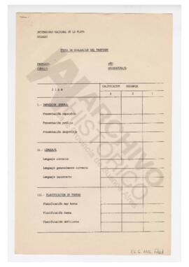 Universidad Nacional de La Plata, colegio. Ficha de evaluación del profesor.