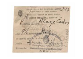 Certificado de vacunación contra la viruela. Azul, 1957