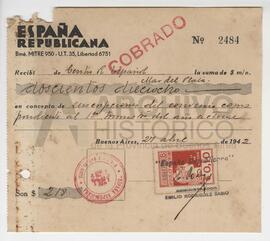 Cheque cobrado por 218 pesos enviado por el Centro Republicano Español de Mar del Plata, a España...