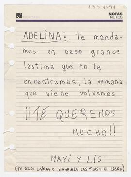 Nota dirigida a Adelina, firmada por Maxi y Lis.