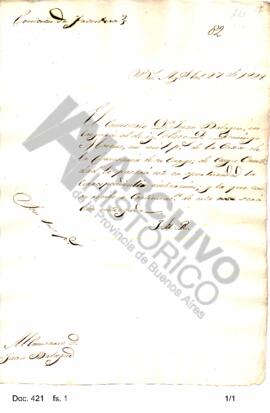 Nota enviada por Rosas al comisario Juan Balague ordenándole la entrega de una suma de dinero al ...