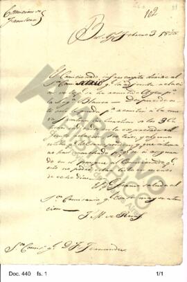 Copia del oficio expedido por Rosas al comisario general Fabián Fernández sobre la remisión de ar...