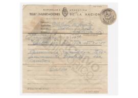 Telegrama enviado a Adelina por Luis María Alaye. 1951, Trenque Lauquen.