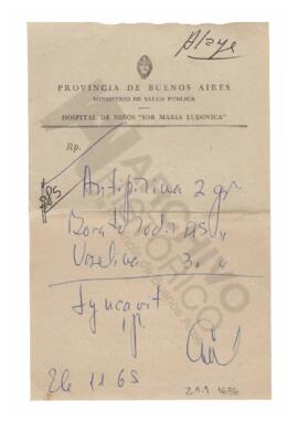 Receta del Hospital de Niños Sor María Ludovica. 1965