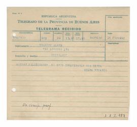 Telegrama recibido por Adelina y Luis María con motivo de su casamiento 1952