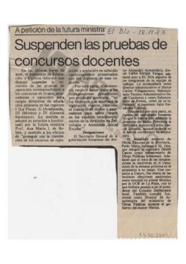Recorte diario El Día "Suspenden las pruebas de concursos docentes" 1983