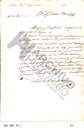 Copia de una carta de Rosas remitida al coronel Izquierdo refiriéndose al desempeño de éste. 1827