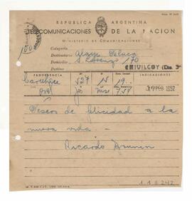 Telegrama recibido por Adelina y Luis María con motivo de su casamiento 1952