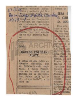Recorte de diario El Día sobre misa por Carlos Esteban Alaye y todos los que están en idéntica si...