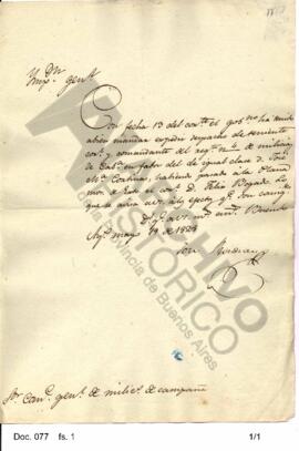 José Rondeau comunica a Rosas disposiciones militares. 1828