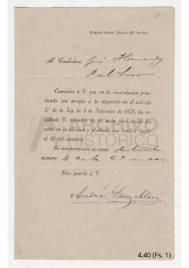 Nota del Ministerio del Interior a Hernández comunicando su nombramiento en mesa electoral 1879
