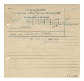 Telegrama recibido por Adelina y Luis María con motivo de su casamiento 1952