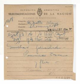 Telegrama recibido por Adelina y Luis María con motivo de su casamiento 1952