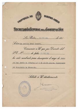 Nombramientos, cargo de maestra del jardín de Infantes N1 de A Alsina. Decreto N09488 1951