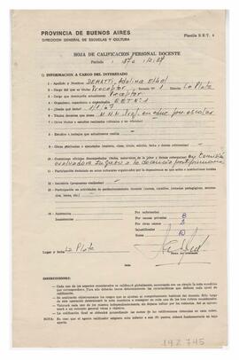 Hoja de calificación Personal Docente período 1987 al 12/1987, La Plata 1988