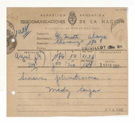 Telegrama recibido por Adelina y Luis María con motivo de su casamiento 1952
