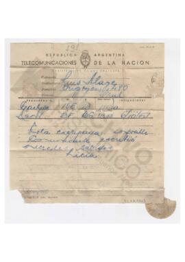 Telegrama enviado a Luis María Alaye por Licia, Carhué 1951