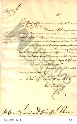 El Inspector General se dirige a Rosas transcribiéndole una resolución gubernamental cuyo propósi...