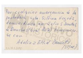 Nota “Por cualquier emergencia de la portadora Silvina Nogues, comunicarse con Adelina Ethel Dema...