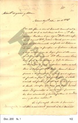 Oficio del Ministerio de Guerra y Marina dirigido a Rosas comunicándole la designación del tenien...