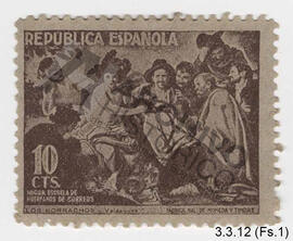 1 estampilla marrón del cuadro “Los borrachos” de Velazquez de 10 centavos
