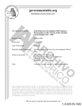 FBI. Veterans of Abraham Lincoln Brigade 1937-1948. Federal Bureau of Investigation (FBI) Summary...