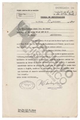 Cédula de notificación, rechazo al recurso de habeas corpus. 1980