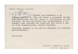 Tarjeta recibida por Adelina del Obispo de Viedma, Río Negro, Miguel Esteban Hesayne. 1981