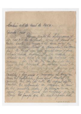 Carta enviada a Adelina por Luis María Alaye. 1952, Carhué. Con sobre