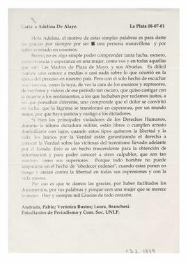 Correspondencia recibida por Adelina, firmada por Andrada Pablo; Bustos Verónica; Branchesi Laura...