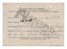 Tarjeta de la secretaría de Estado de Gobierno por entrada del expediente 201295. 1977