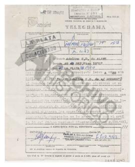 Telegrama dirigido a Adelina del Prosecretario Electoral de la Provincia de Buenos Aires, Carlos ...