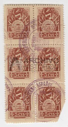 Seis estampillas croqueladas amigos de la republica española de 5 Cts.