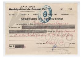 Comprobante de arrendamiento de un nicho para el sepelio de Pedro Nogues. Municipalidad de Genera...